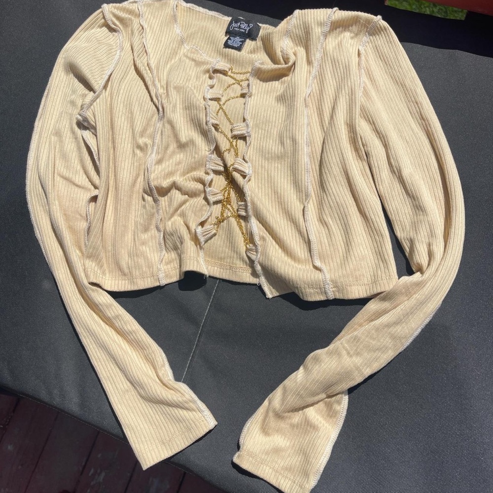 Cream Long Sleeve Lace-Up Top
